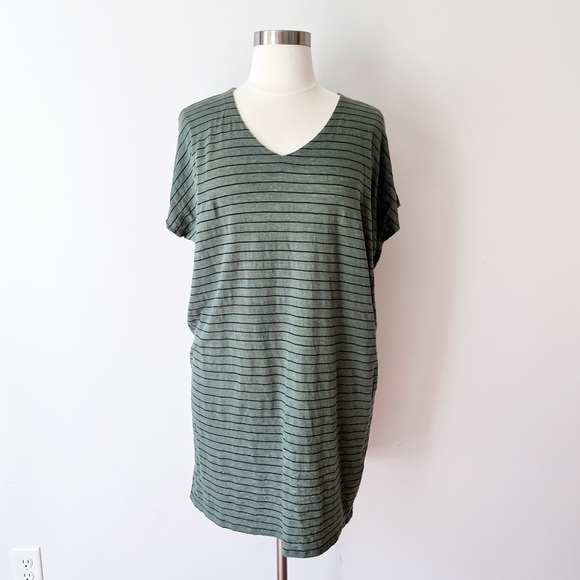 Eileen Fisher Organic Linen Striped V-Neck T-shirt Dress Nori Green, Lagenlook - Picture 1 of 6